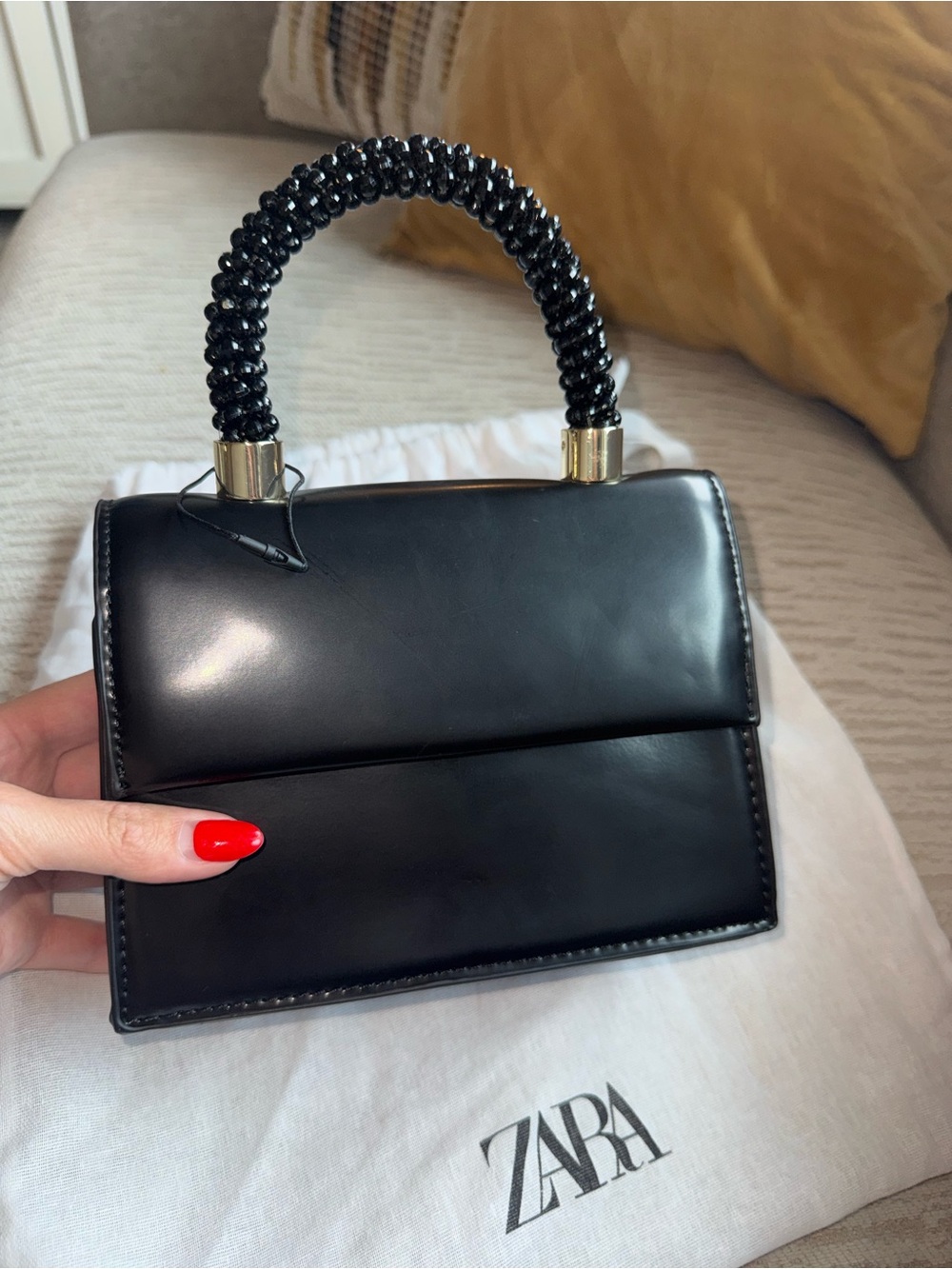 Zara Black Mini Top-Handle Bag with Beaded Handle